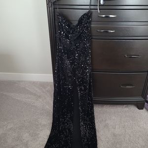 MYKRISTI Strapless Maxi Black Sequin Dress